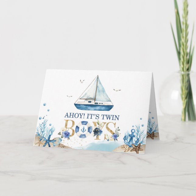 Nautical Boat Ahoy It's Twins Boys Baby Shower Thank You Card (Front)