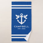 Nautical boat anchor blue and white custom name bath towel set<br><div class="desc">Nautical boat anchor navy blue and white striped custom family name Bath Towel Set. Elegant bathroom towels with maritime logo and year date. Stylish typography print design with white doves and love heart anchors. Chic home decor for bathroom, toilet, guest house, hotel, guest room, beach cabin, destination wedding venue etc....</div>