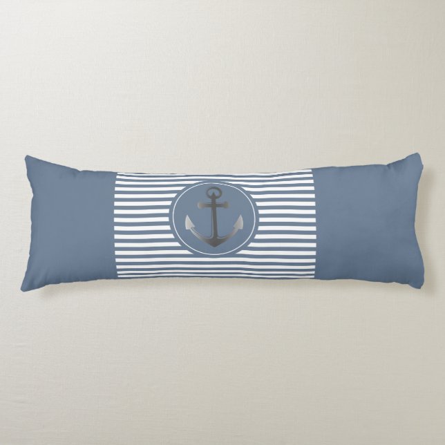 Nautical Boat Anchor Blue and White Striped Body Cushion (Front)