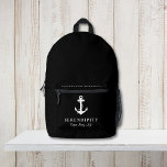 Nautical Boat Anchor Captains Black Printed Backpack<br><div class="desc">Black nautical-themed backpack for keeping your boat featuring a classic white anchor,  your boat's name and location,  and an additional line of text for name of the captain or family.</div>