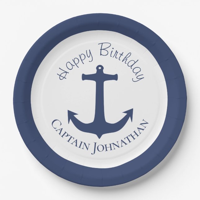 Nautical Boat Anchor Custom Captain Name Paper Plate (Front)