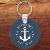 Nautical Boat Anchor Family Name Beach House Blue Key Ring (Front)