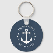 Nautical Boat Anchor Family Name Beach House Blue Key Ring (Back)