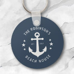 Nautical Boat Anchor Family Name Beach House Blue Key Ring<br><div class="desc">A stylish nautical style Keychain with your personalised family name and beach house,  lake house,  or other desired text and established date. Features a custom designed vintage boat anchor in white on misty ocean blue or easily customise the base colour to match your current decor or theme.</div>