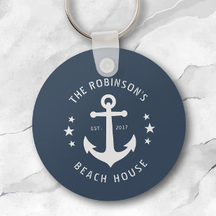Nautical Boat Anchor Family Name Beach House Blue Key Ring