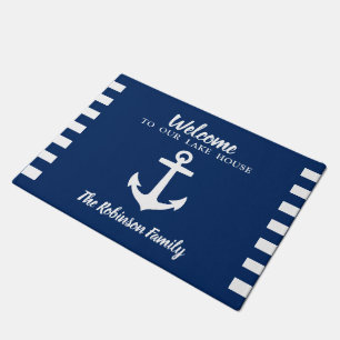Nautical Boat Anchor Family Name Navy Lake House Doormat