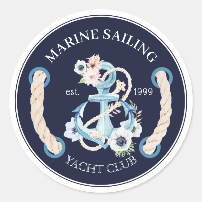 Nautical boat anchor marine bloom flowers logo classic round sticker (Front)