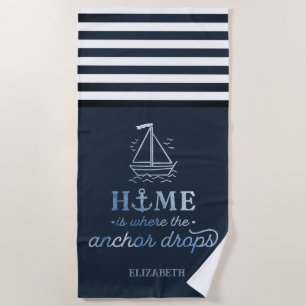 Nautical Boat Anchor Navy Blue Beach Towel