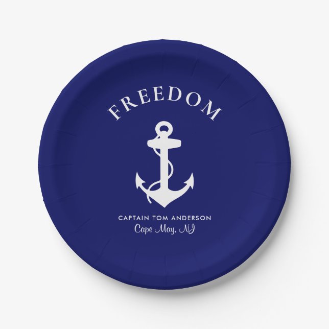 Nautical Boat Anchor Navy Blue Family Captain Name Paper Plate (Front)