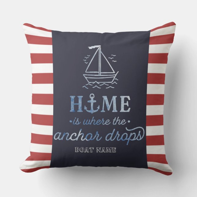 Nautical Boat Anchor Navy Blue,Red Stripes Cushion (Front)