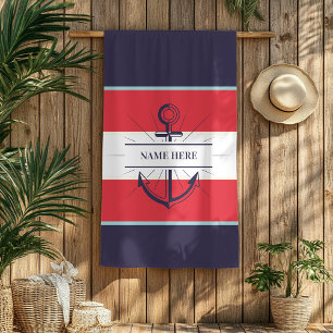 Nautical Boat Anchor Navy Blue Red White Beach Towel