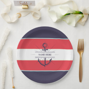 Nautical Boat Anchor Navy Blue Red White Paper Plate
