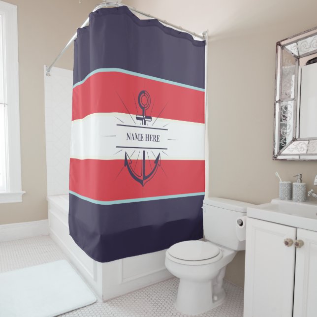 Nautical Boat Anchor Navy Blue Red White Shower Curtain (In Situ)