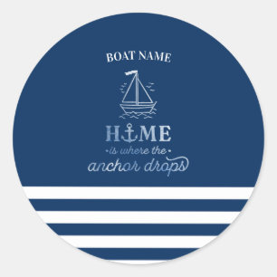 Nautical Boat Anchor Navy Blue Striped   Classic Round Sticker