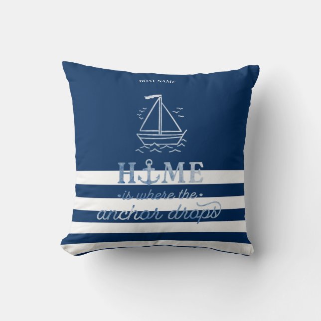 Nautical Boat Anchor Navy Blue Striped   Cushion (Front)