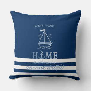 Nautical Boat Anchor Navy Blue Striped  Cushion