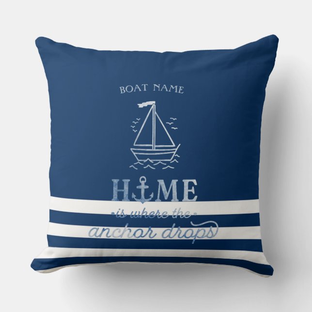 Nautical Boat Anchor Navy Blue Striped  Cushion (Front)