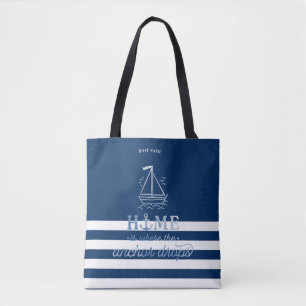 Nautical Boat Anchor Navy Blue Striped   Tote Bag