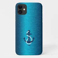 Nautical boat anchor on a blue metallic texture