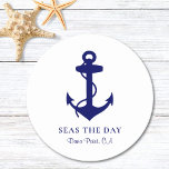 Nautical Boat Anchor Round Paper Coaster<br><div class="desc">Modern nautical-themed coasters for your boat that feature a navy blue illustration of an anchor and your boat's name and location in elegant navy blue typography and script.</div>