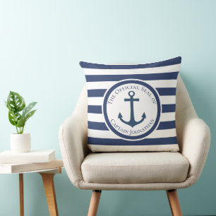 Nautical Boat Anchor Striped Custom Captain Name Cushion