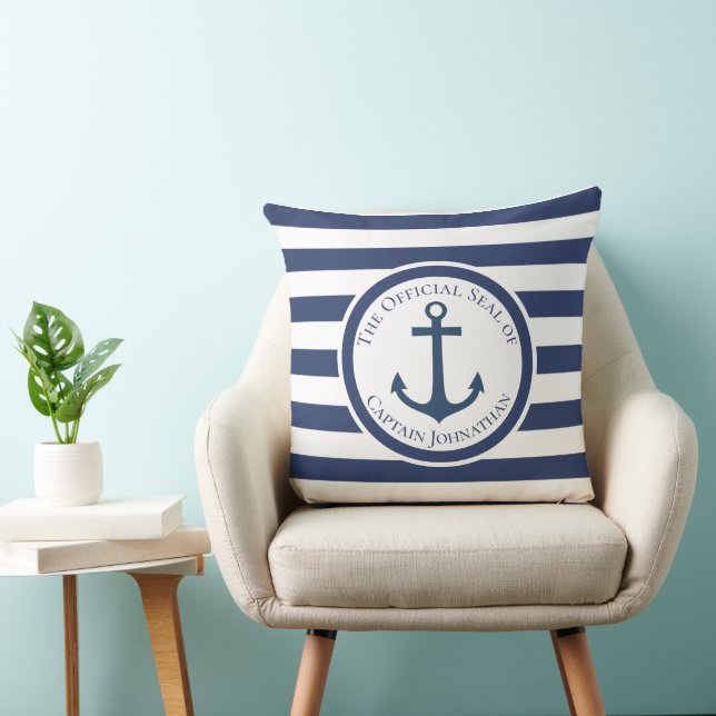 Nautical Boat Anchor Striped Custom Captain Name Cushion (Chair)
