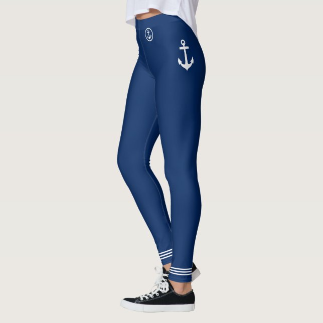 Nautical Boat Anchor White Stripes Navy Blue Leggings (Left)