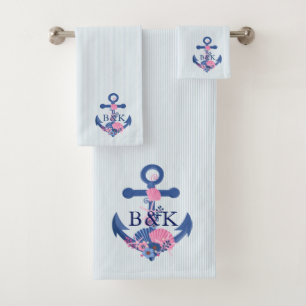 Nautical boat anchor with seashells accent bath towel set