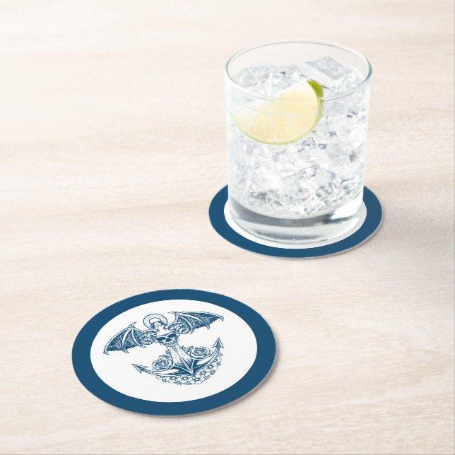 Nautical boat anchor with skull and flowers round paper coaster (Insitu)