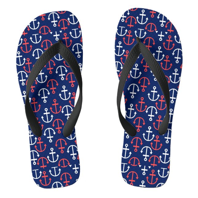 Nautical Boat Anchors In White & Coral-Red Flip Flops (Footbed)