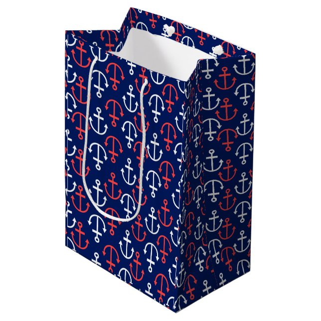 Nautical Boat Anchors Pattern-White & Coral Red Medium Gift Bag (Front Angled)