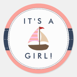 Nautical Boat Baby Shower Stickers- It's A Girl! Classic Round Sticker