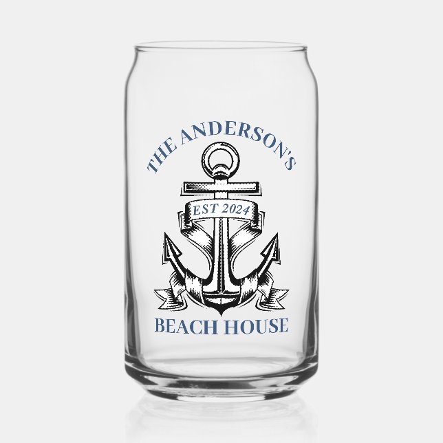 Nautical Boat Beach House Anchor Family Name Est  Can Glass (Front)