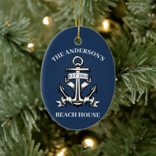 Nautical Boat Beach House Anchor Family Name Est  Ceramic Tree Decoration