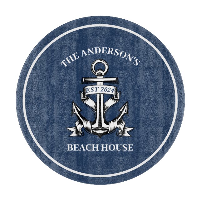 Nautical Boat Beach House Anchor Family Name Est  Cutting Board (Front)