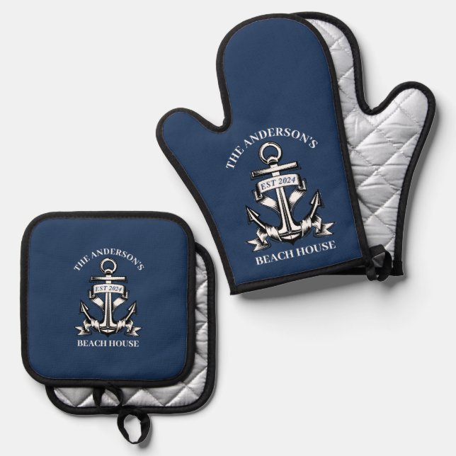 Nautical Boat Beach House Anchor Family Name Est  Oven Mitt & Pot Holder Set (Front/Back)