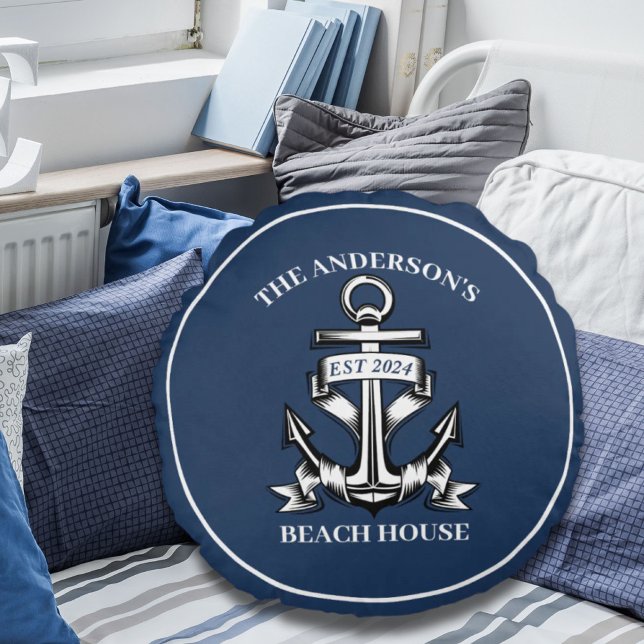 Nautical Boat Beach House Anchor Family Name Est  Round Cushion (Nautical Boat Beach House Anchor Family Name Est Round Pillow)