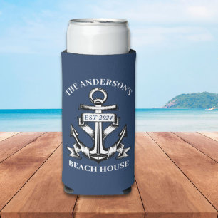 Nautical Boat Beach House Anchor Family Name Est Seltzer Can Cooler