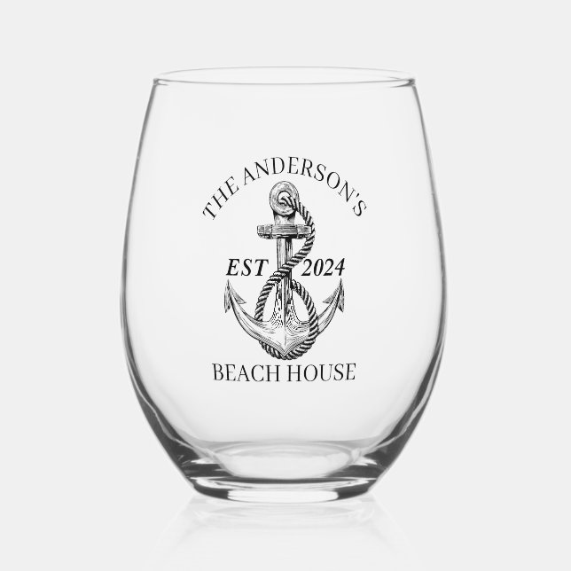 Nautical Boat Beach House Anchor Family Name Est  Stemless Wine Glass (Front)