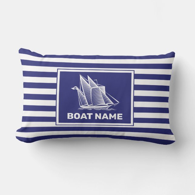 Nautical Boat Design Navy Blue Striped Throw Pillo Lumbar Cushion (Front)