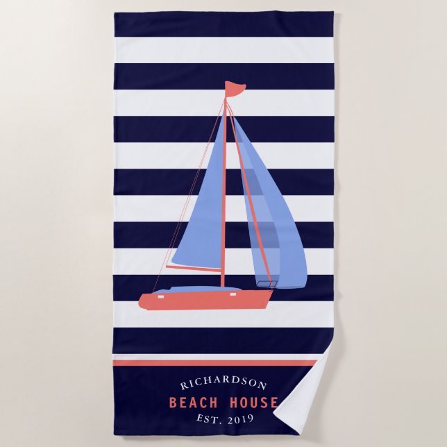 Nautical Boat Family Name Navy Blue Beach House Beach Towel (Front)