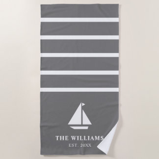 Nautical Boat Grey Striped Add Name Text Beach Towel