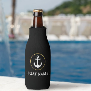 Nautical Boat Name Anchor Black Gold Bottle Cooler