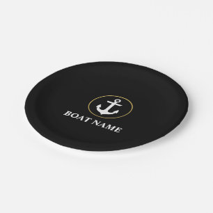 Nautical Boat Name Anchor Black Gold Paper Plate