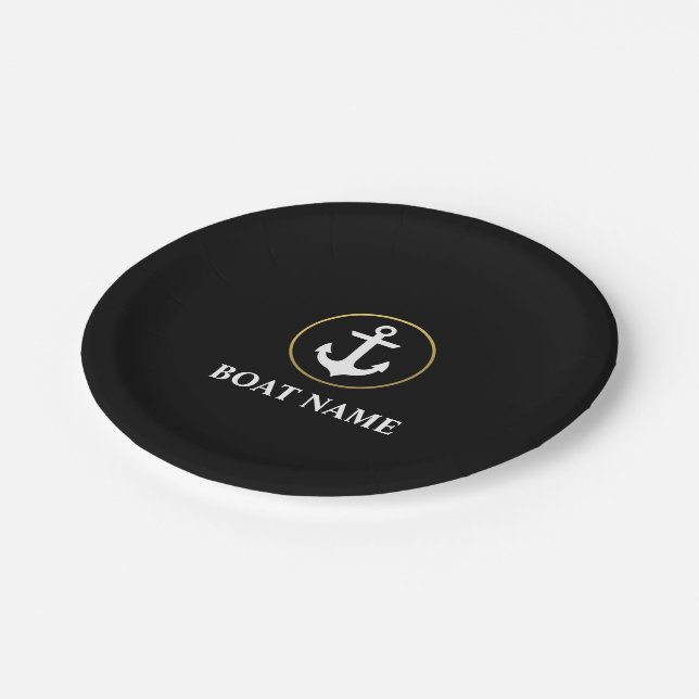 Nautical Boat Name Anchor Black Gold Paper Plate (Angled)