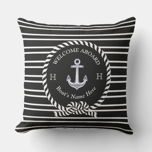 Nautical Boat Name Anchor Black White Welcome  Cushion (Front)