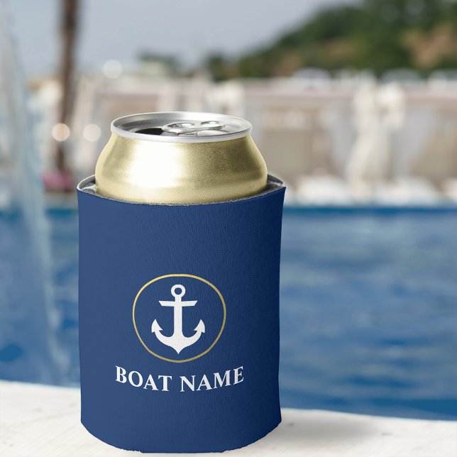 Nautical Boat Name Anchor Blue Gold Can Cooler (Customize to change text size or text style.)