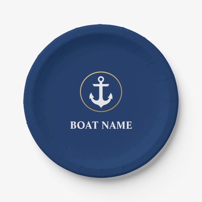 Nautical Boat Name Anchor Blue Gold Paper Plate (Front)