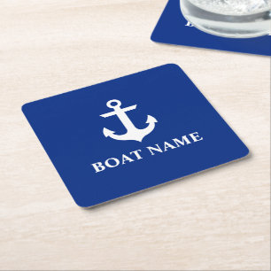 Nautical Boat Name Anchor Blue Square Paper Coaster