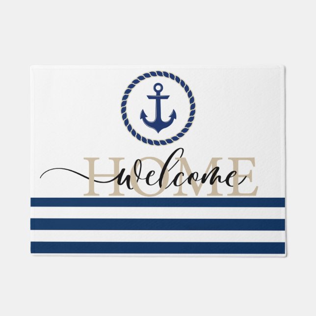 Nautical Boat Name,Anchor Blue Striped Doormat (Front)